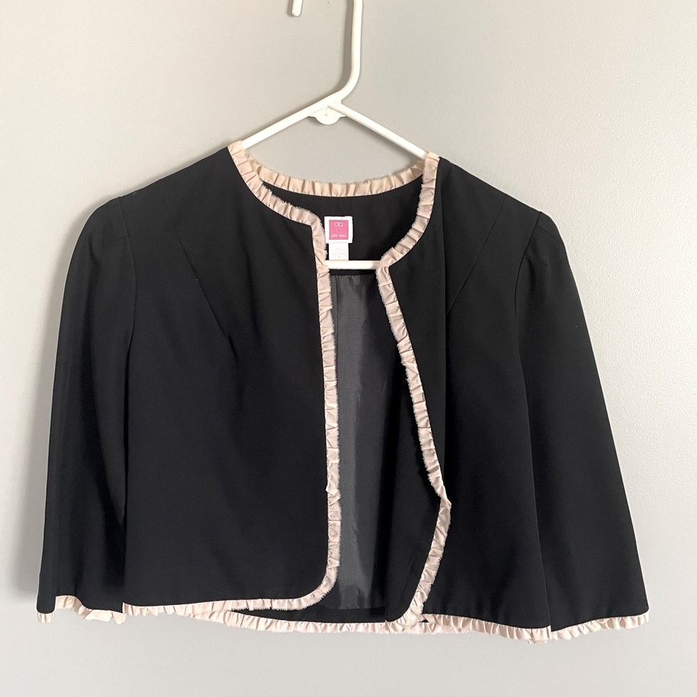 Julie Haus 100% silk black jacket with cream trim. Crop style.